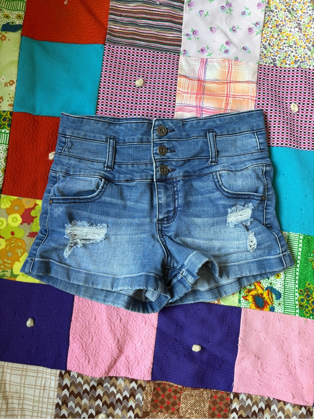 Tinseltown Light Blue Distressed Triple-Button Denim Shorts